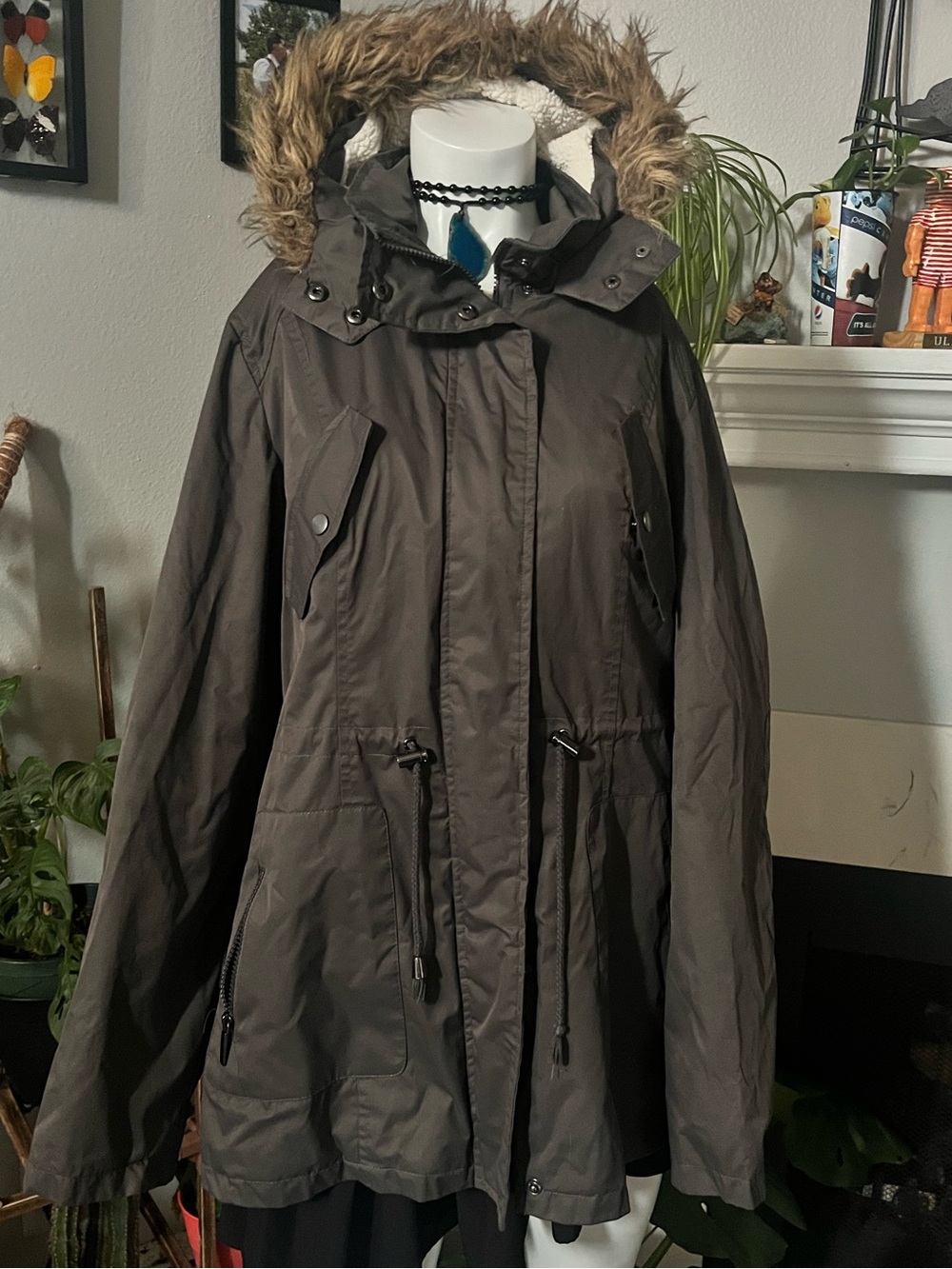 Yoki Dark Brown Hooded Trench Coat with Faux-Fur Trim